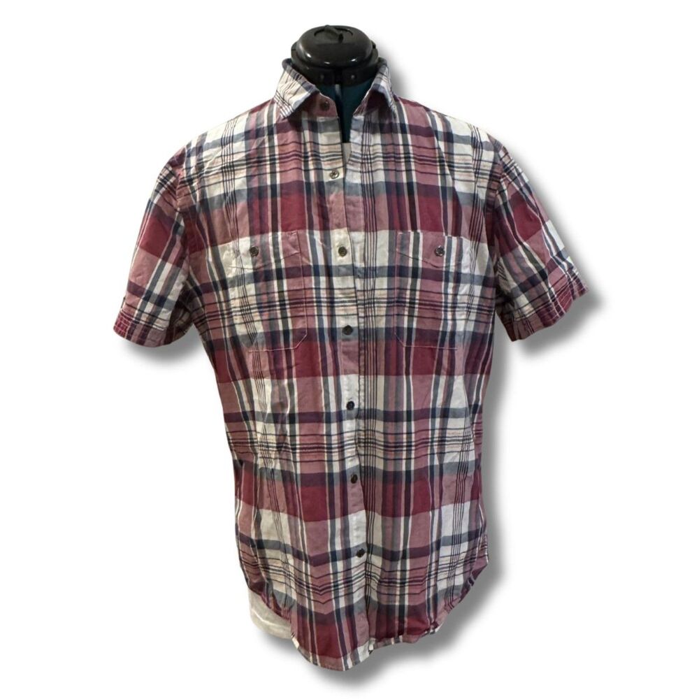 Express Plaid Short Sleeve Button Up Shirt Mens Large Red Navy